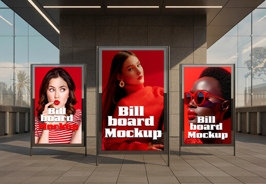 Three Vertical Billboard Mockups Set in Modern Urban Space with Fashion Model Designs