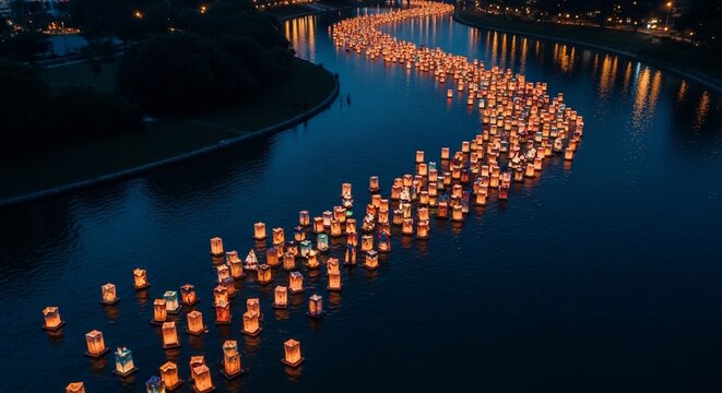 Hundreds of illuminated floating lanterns glow on a winding city river at night during a cultural festival celebration.