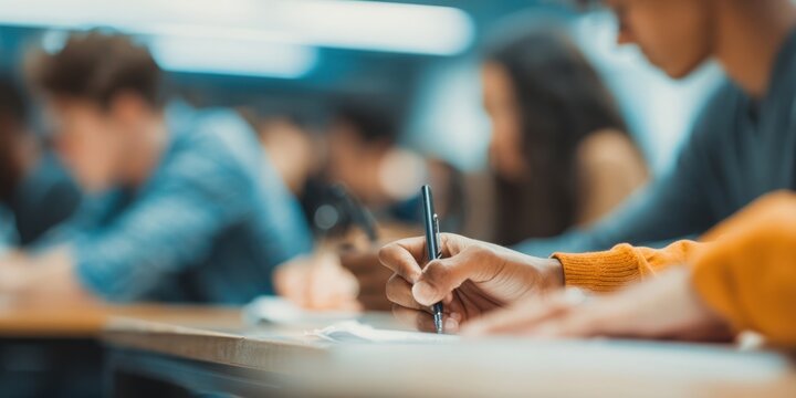 The student writing notes in a crowded lecture hall during focused study session