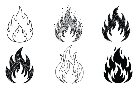 Collection of stylized fire flame symbols in various black and white styles ideal for hot topics and energy concepts