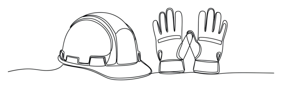 One continuous line drawing of a safety hardhat and work gloves, perfect for construction industry visuals