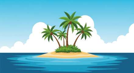 Obraz premium A vector illustration of a small tropical desert island in the middle of the blue ocean featuring four tall palm trees with coconuts, green bushes, white clouds and clear sky.