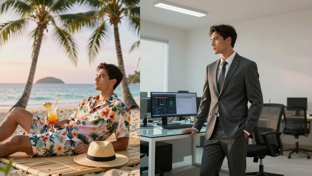 Split-screen image of a man in casual tropical attire relaxing on a beach and the same man in a formal suit at his office desk.