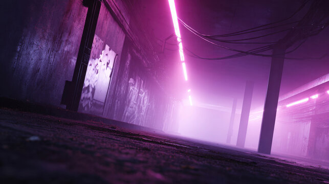 Illuminated and atmospheric neon lights enhance the urban environment in the concrete hallway. The walls show signs of aging with a slight vintage aesthetic
