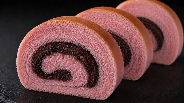Close up of soft pink roll bread slices with small beaf filling on dark background.