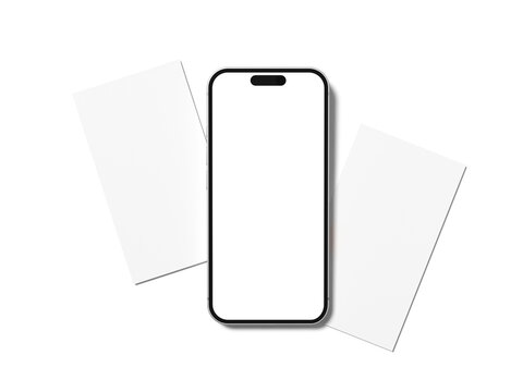 White Blank Phone Screen and Two Vertical Poster Mockup 3D Render in Flat Lay