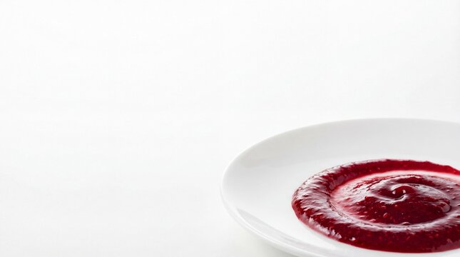 Red raspberry jam spread on a white plate with large empty background
