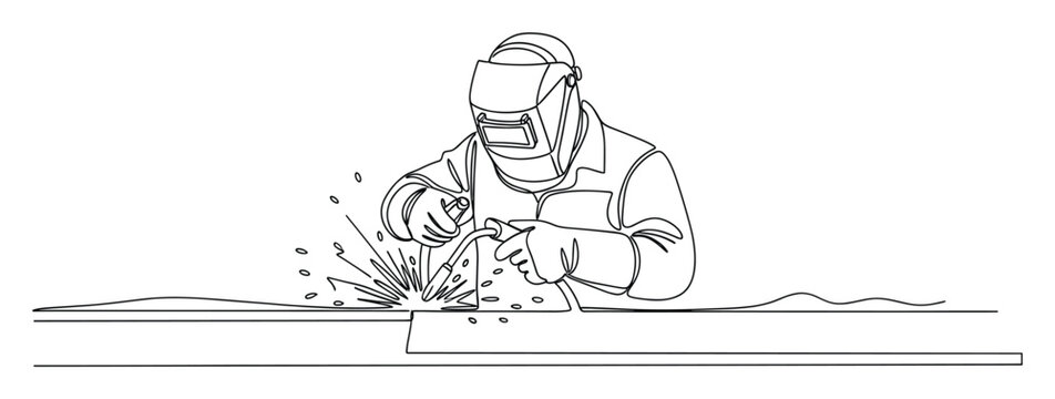 Continuous line drawing of a metalworker in safety gear operating a welding torch with bright sparks for engineering services