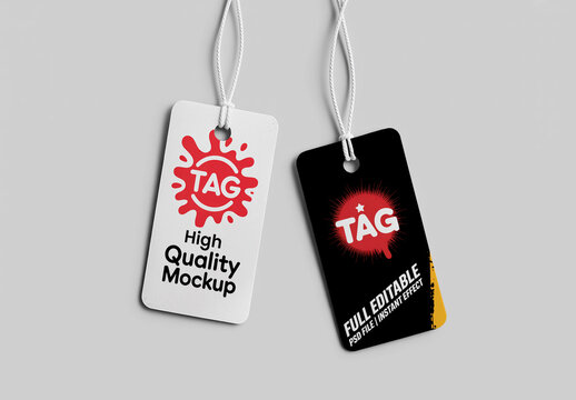 Two Hanging Clothing Price Tag Mockups with String on Plain Grey Background