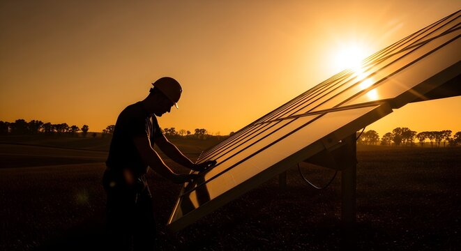 Silhouette of a man adjusting a solar panel at sunset in a rural landscape with warm orange tones and a clear sky.