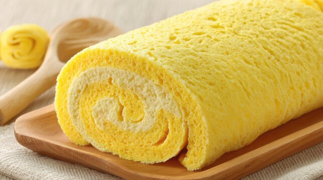 Close-up view of a freshly sliced Japanese tamago egg omelette roll with creamy filling on a wooden plate