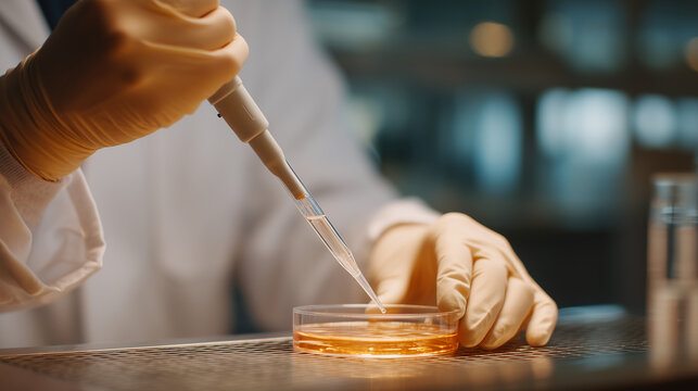 Cultured meat researcher pipetting growth medium into a culture flask under a biosafety cabinet, close-up of gloved hands, lab concentration, cellular agriculture technique, alternative protein scie