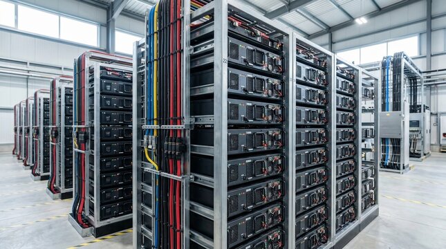 Rows of energy storage battery racks in a large industrial facility. Scalable power backup system for renewable energy grid stabilization. Modern infrastructure technology for electricity.