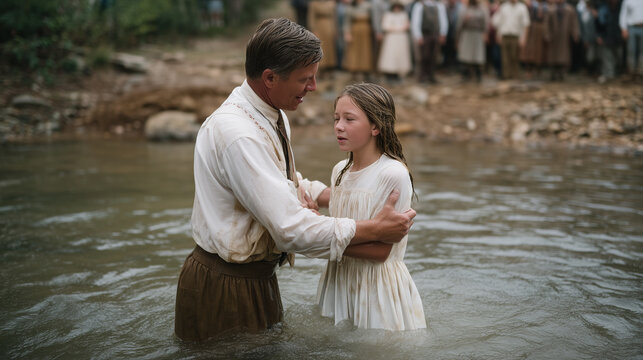 Rural Baptist church baptism in creek, pastor in waders guiding teenage girl beneath water surface, white robe billowing, congregation on muddy bank singing hymns, Appalachian faith community, outdo
