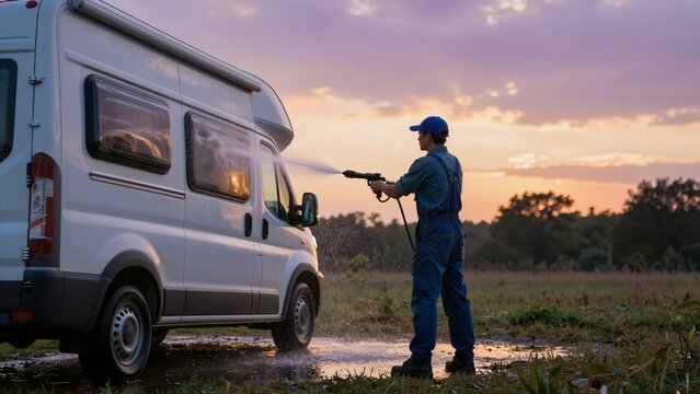 A man in overalls and a blue cap pressure washes a white camper van during golden hour, with sunlight creating lens flares.