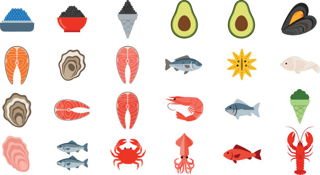 Seafood collection vector set in flat style, fresh fish, shellfish and ocean food icons for restaurant menu, cooking and healthy nutrition design