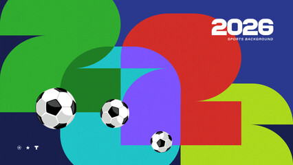 Naklejka premium Abstract 2026 Soccer Championship Background With Geometric Numbers and Football Balls