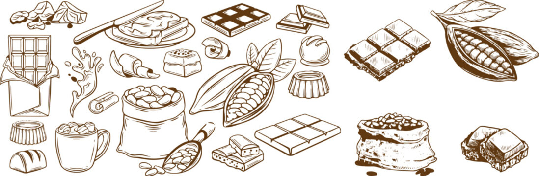 Hand Drawn Chocolate Dessert Set with Cocoa Beans, Candy Bars, Pralines and Engraved Style Sweet Food Vector Collection