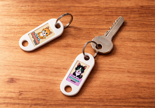 Two White Plastic Keychain Mockups with Cute Cat Illustrations and Metal Key on Wooden Table