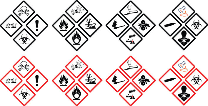 GHS pictograms. Warning Hazard Hazardous Danger Dangerous Icon set. Explosive Flammable Oxidizing Compressed Gas Corrosive Toxic Harmful Corrosive Environmentally Unsafe Vector Symbols.