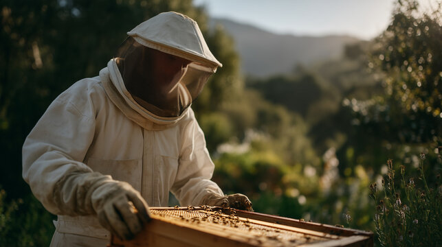 Regenerative beekeeper checking a top-bar hive in a wildflower agroforestry system, no protective gear, trusting calm posture, spring afternoon, natural beekeeping, pollinator support, chemical-free