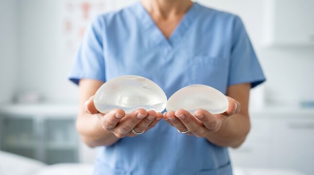 Woman surgeon holding two different breast implants in hand. Plastic surgery consultation session. Medical examination and choice of silicone implant size during body augmentation procedure.