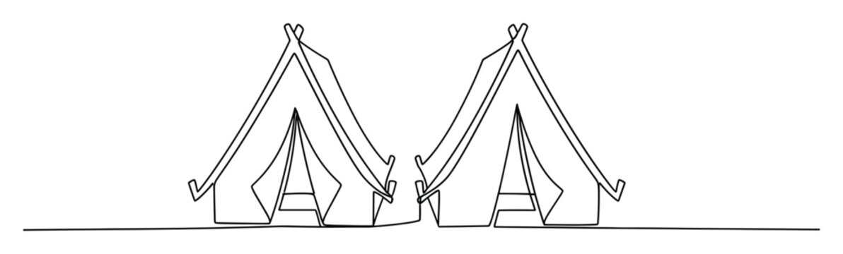 Continuous line drawing of two teepees suitable for minimalist camping vacation advertisements and outdoor event branding materials