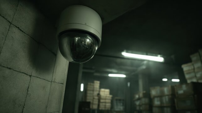 Industrial dome security camera mounted in a dimly lit warehouse, monitoring the premises for safety and observation.