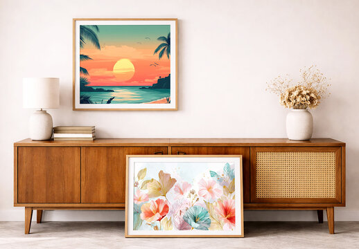 Two Wooden Picture Frame Mockups in Modern Interior with Sunset Beach and Floral Art