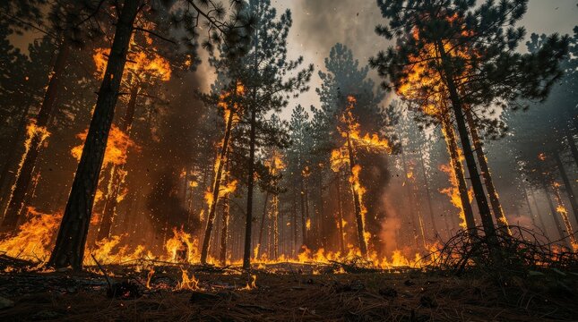 Intense wildfire engulfs a dense forest, with tall flames and smoke spreading among towering trees under a dark, smoky sky.