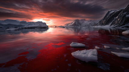 Fototapeta premium A striking landscape with icebergs reflected in the water, under a fiery sky