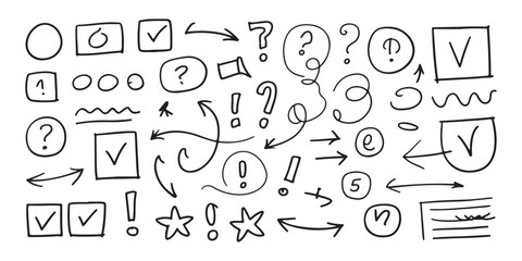 Obraz premium Hand drawn doodle elements set collection of arrows check marks question marks exclamation points stars circles and squares.