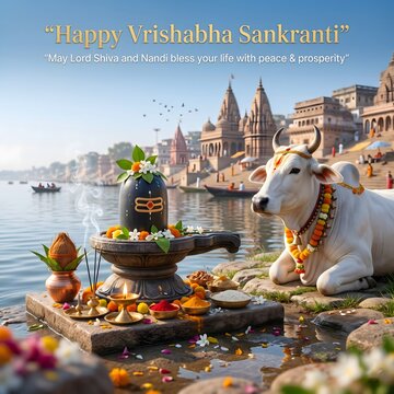 Sacred vrishabha sankranti festival celebrated with offerings and sacred cow by holy ganges river