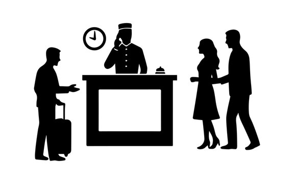 Hotel guests checking in at reception concierge desk