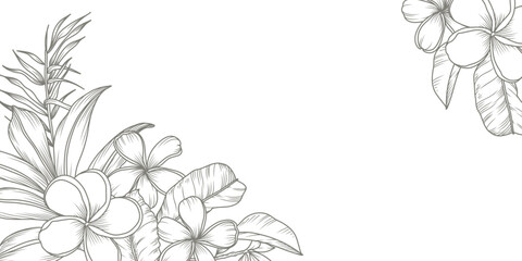 Tropical floral background with tropical flowers and leaves. Plumeria, palm leaf. Hand drawn frame, border. Vector illustration for design of card, banner, invitation, advertising and packaging © Victory