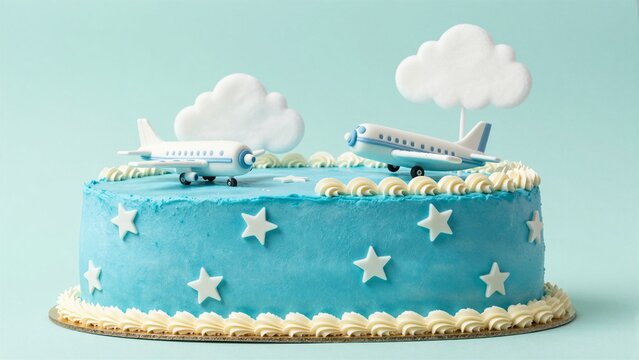 A beautifully decorated blue birthday cake with airplane and cloud toppers, stars, and white frosting accents.