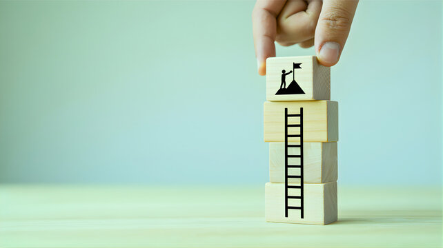 Achieving goals concept with a ladder and flag on stacked wooden blocks, representing success and ambition