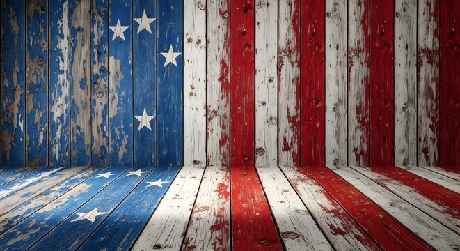 Distressed vintage american flag painted on old wooden planks background for patriotic holidays like independence day or memorial day