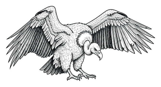 Impressive vulture with powerful wings spread wide in a detailed monochrome graphic perfect for educational resources and wildlife themed projects.