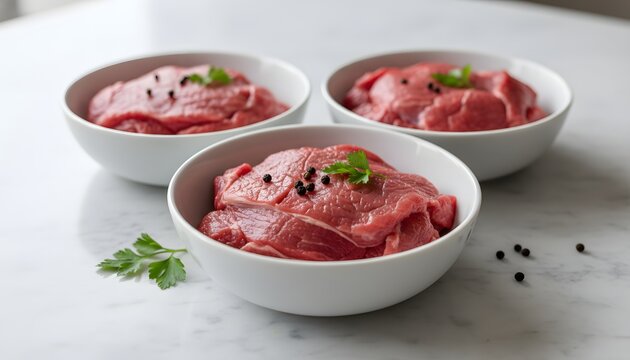 Dividing meat into three portions for Islam and Eid al-Adha concept, fresh raw beef in white bowls on marble for Qurbani sacrifice tradition and charitable sharing
