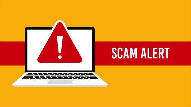 Animated warning sign on laptop screen indicating scam alert 4k motion graphic