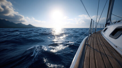 Fototapeta premium A sailboat sails on the blue sea towards the bright sun, a journey of freedom