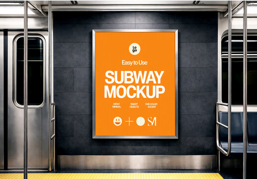 Vertical Poster Mockup on Wall Inside Subway Train Car with Orange Advertisement Design