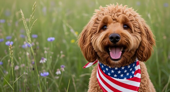 Cute brown cockapoo dog wearing american flag bandana sitting in a field of wildflowers, patriotic pet, fourth of july celebration
