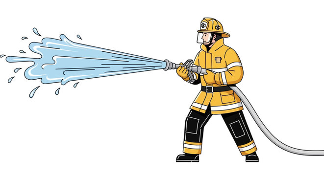 Cartoon firefighter spraying water from hose in action pose
