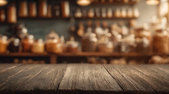 Bare wooden shelf in a pantry setting, awaiting ingredients, with a warm, rustic ambiance and textured wood surface.