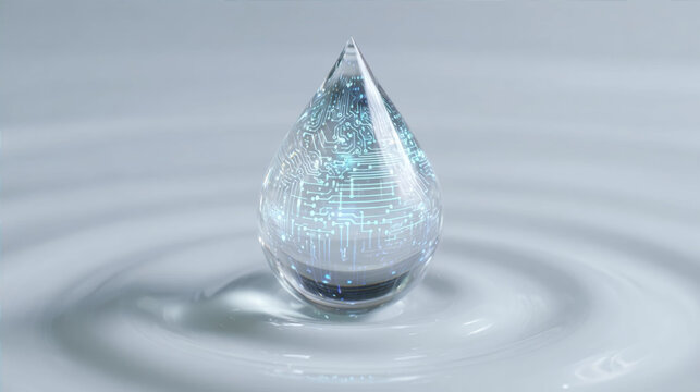 Conceptual water drop with glowing digital circuit board texture on rippling surface, fusion of technology and ecology
