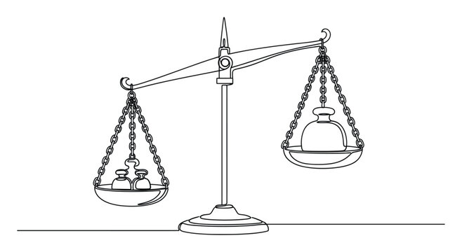 Continuous single line drawing of a classic balance scale showing unequal weight distribution for various symbolic applications