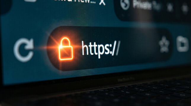 Secure Web Connection: Close-up of a web browser address bar displaying https:// and a padlock symbol, signifying a secure, encrypted connection and data privacy online.