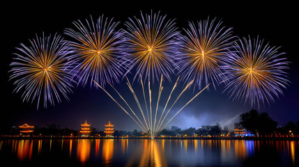 Fototapeta premium Fireworks display above a body of water during the night, with the reflection of buildings creating a vibrant spectacle.